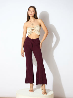 Burgundy Shimmer Twisted Bellbottom Pants-SASSAFRAS