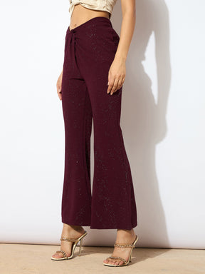 Burgundy Shimmer Twisted Bellbottom Pants-SASSAFRAS