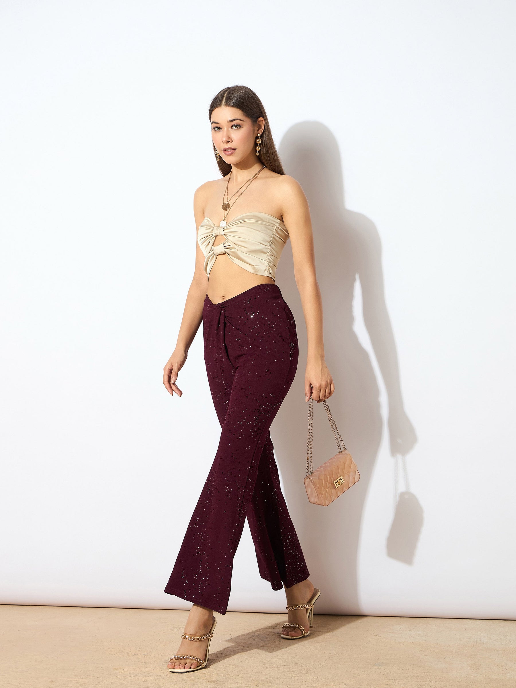 Burgundy Shimmer Twisted Bellbottom Pants-SASSAFRAS