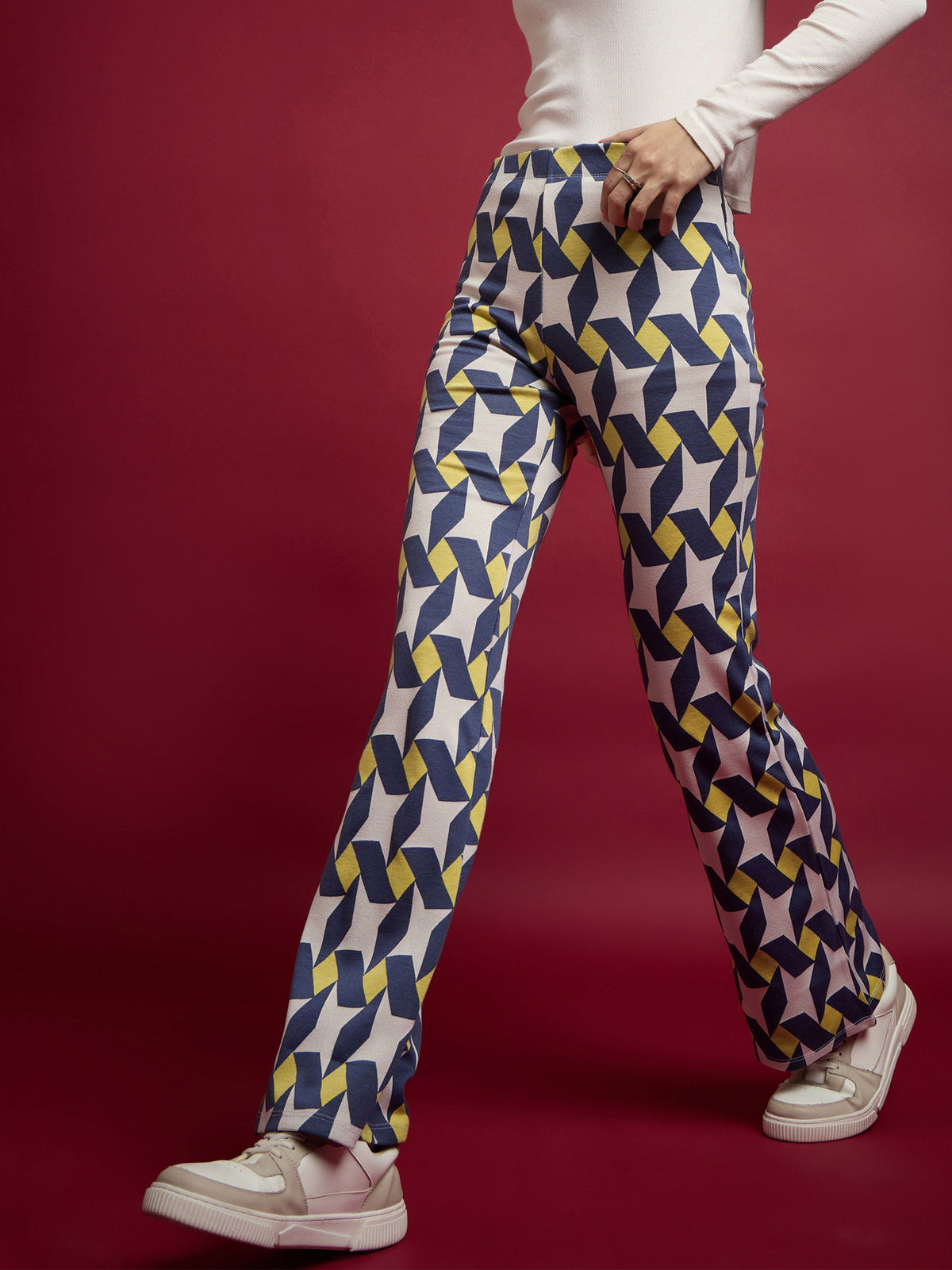 Yellow Geometric Print Straight Pants-SASSAFRAS