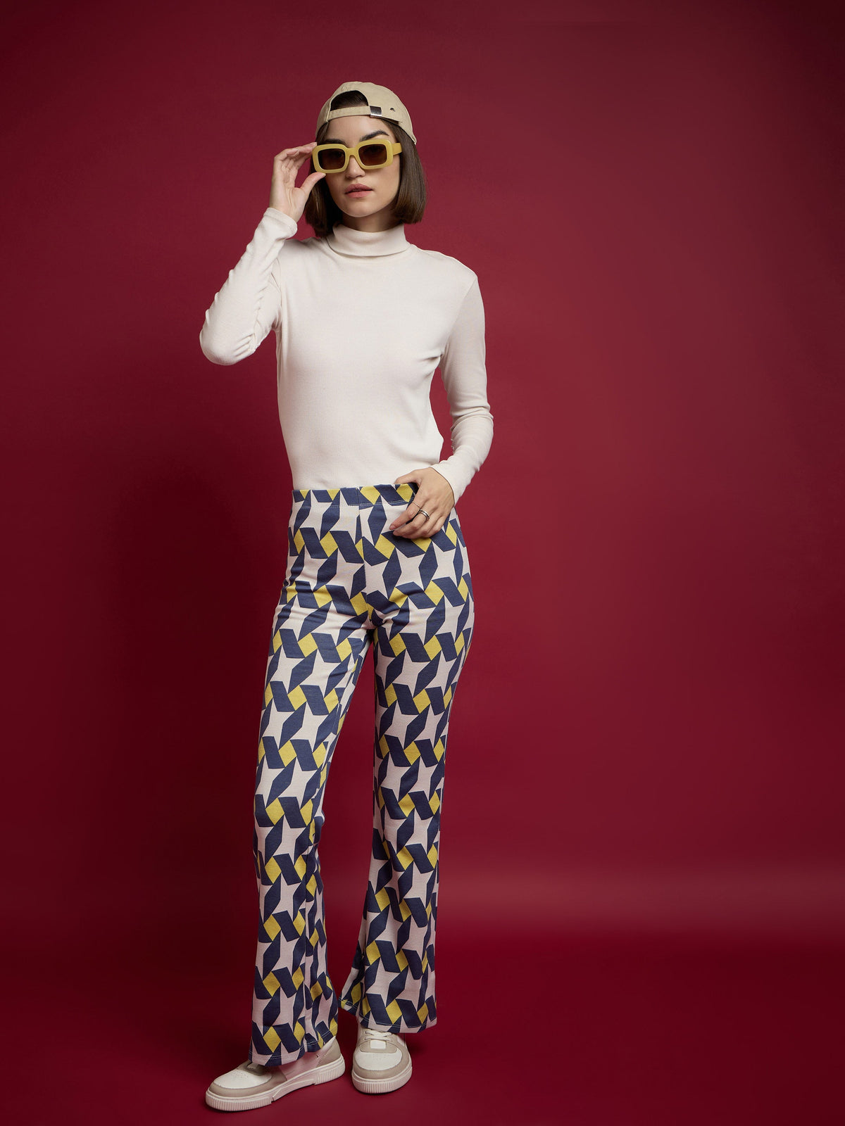 Yellow Geometric Print Straight Pants-SASSAFRAS