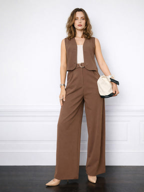 Beige Button Down Top with Belted Pants-SASSAFRAS worklyf