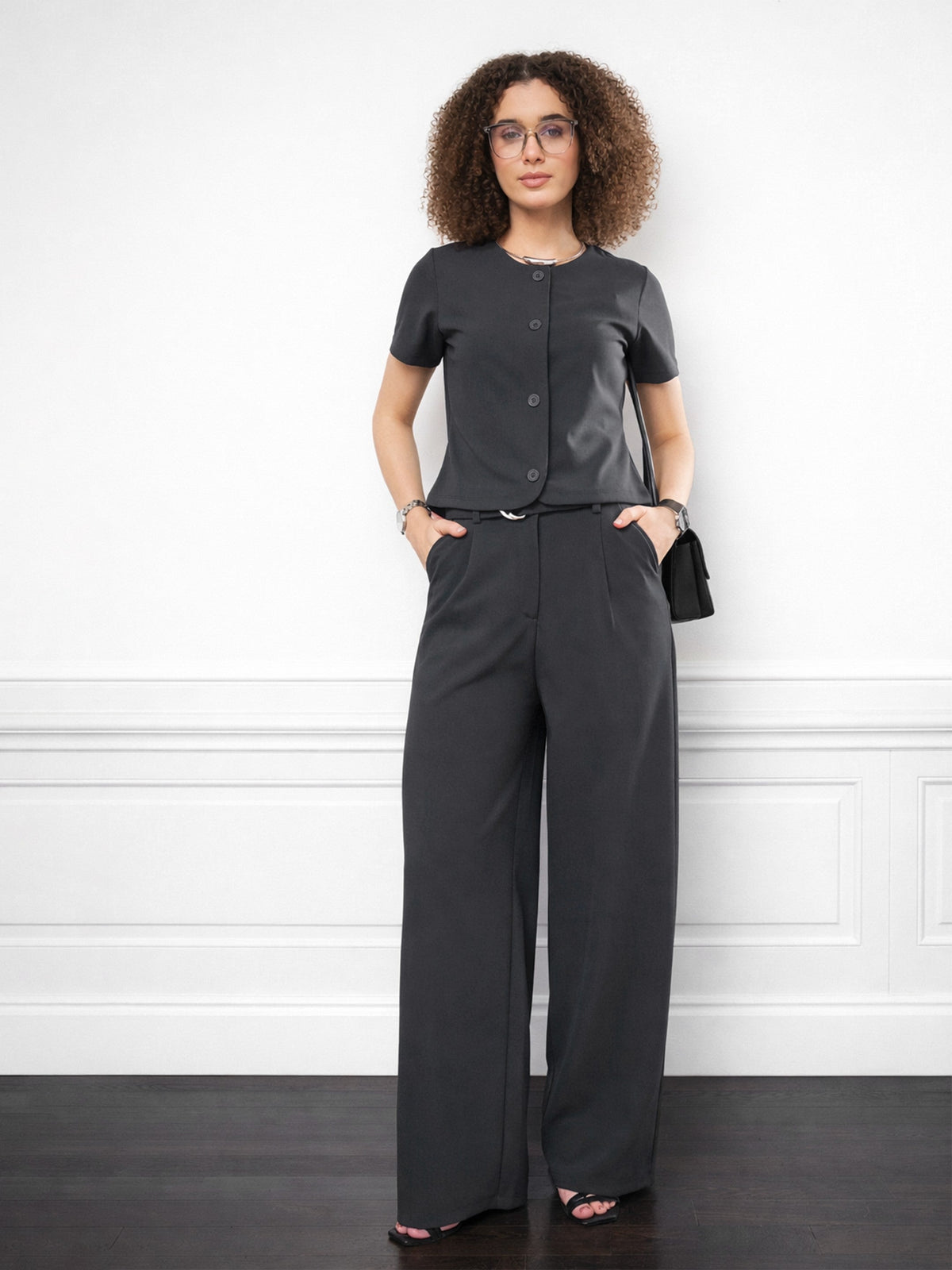 Grey Button Down Top with Belted Pants-SASSAFRAS worklyf