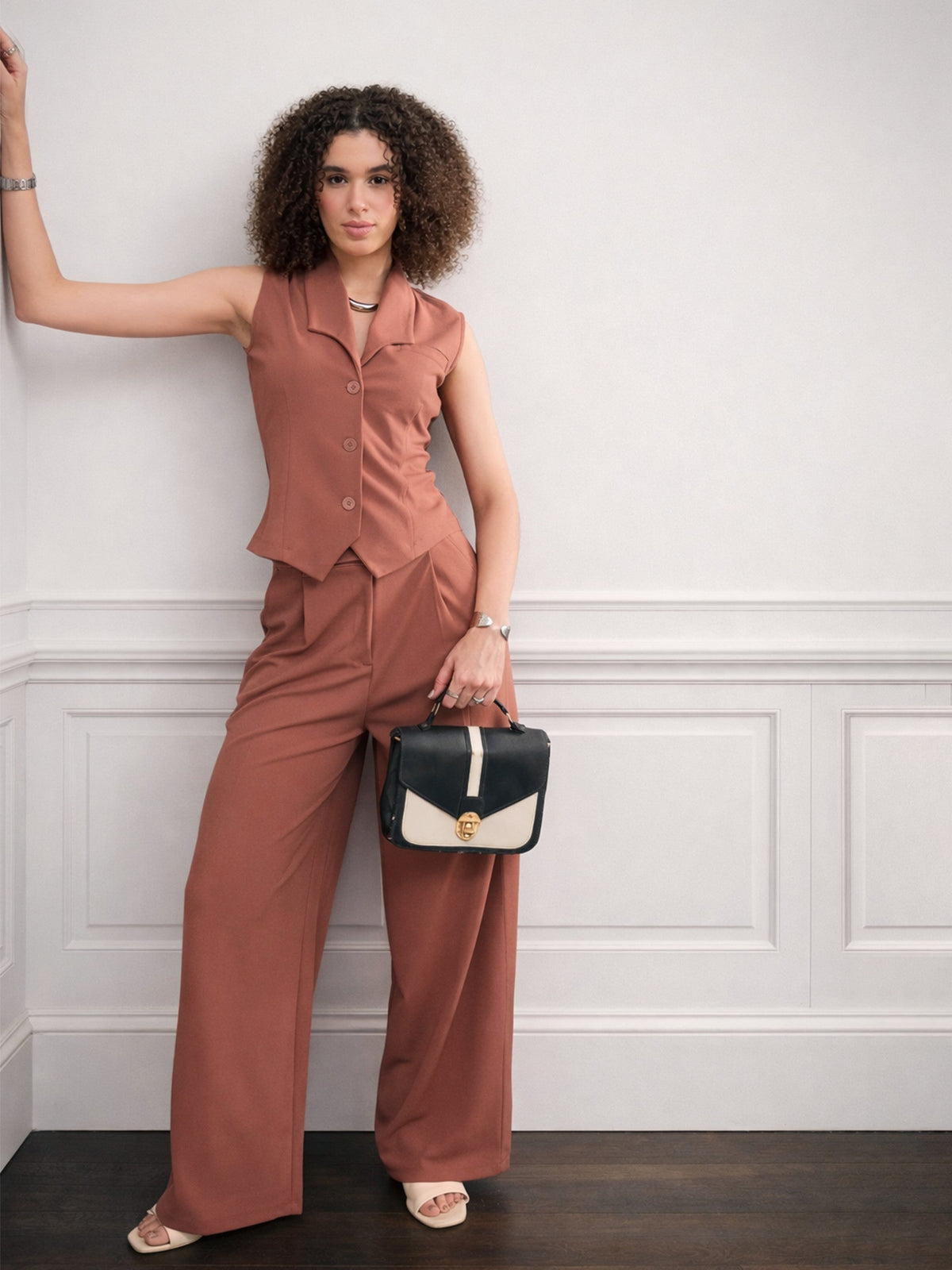 Rust Button Down Top with Belted Pants-SASSAFRAS worklyf