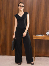 Black Button Down Notch Collar Top with Pants-SASSAFRAS worklyf