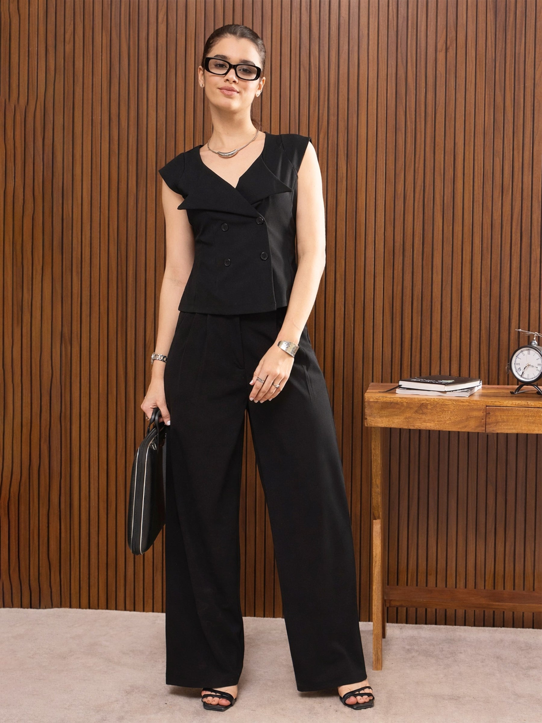 Black Button Down Notch Collar Top with Pants-SASSAFRAS worklyf
