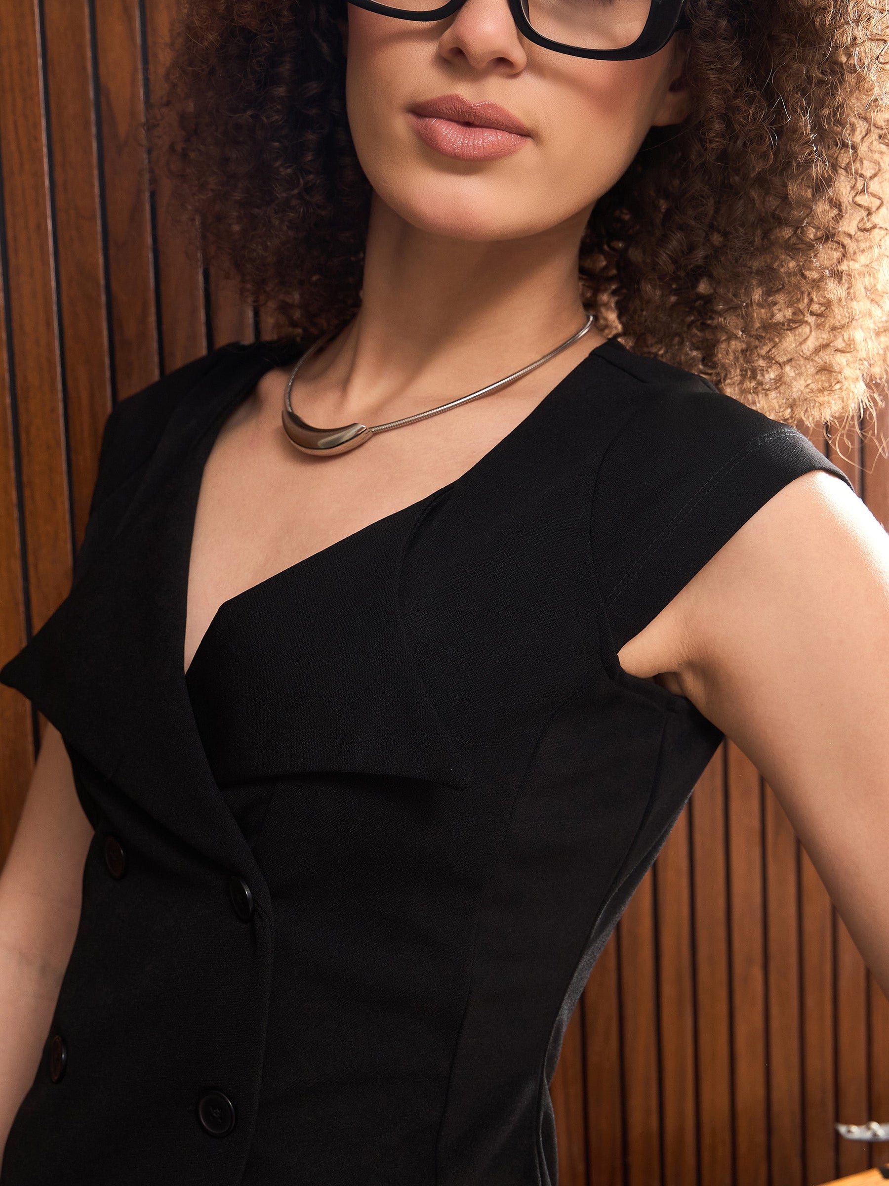 Black Button Down Notch Collar Top with Pants-SASSAFRAS worklyf