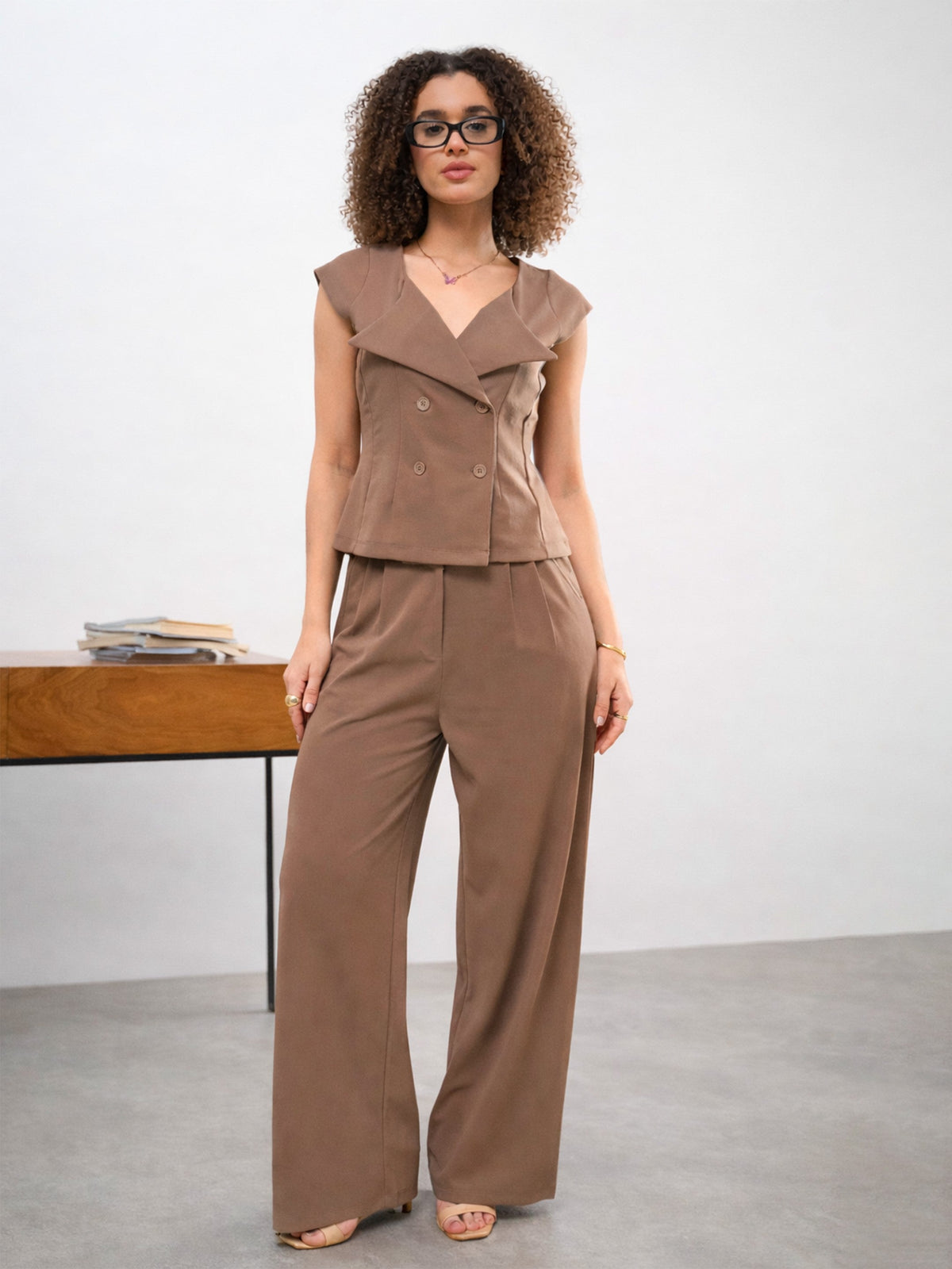 Beige Button Down Notch Collar Top with Pants-SASSAFRAS worklyf