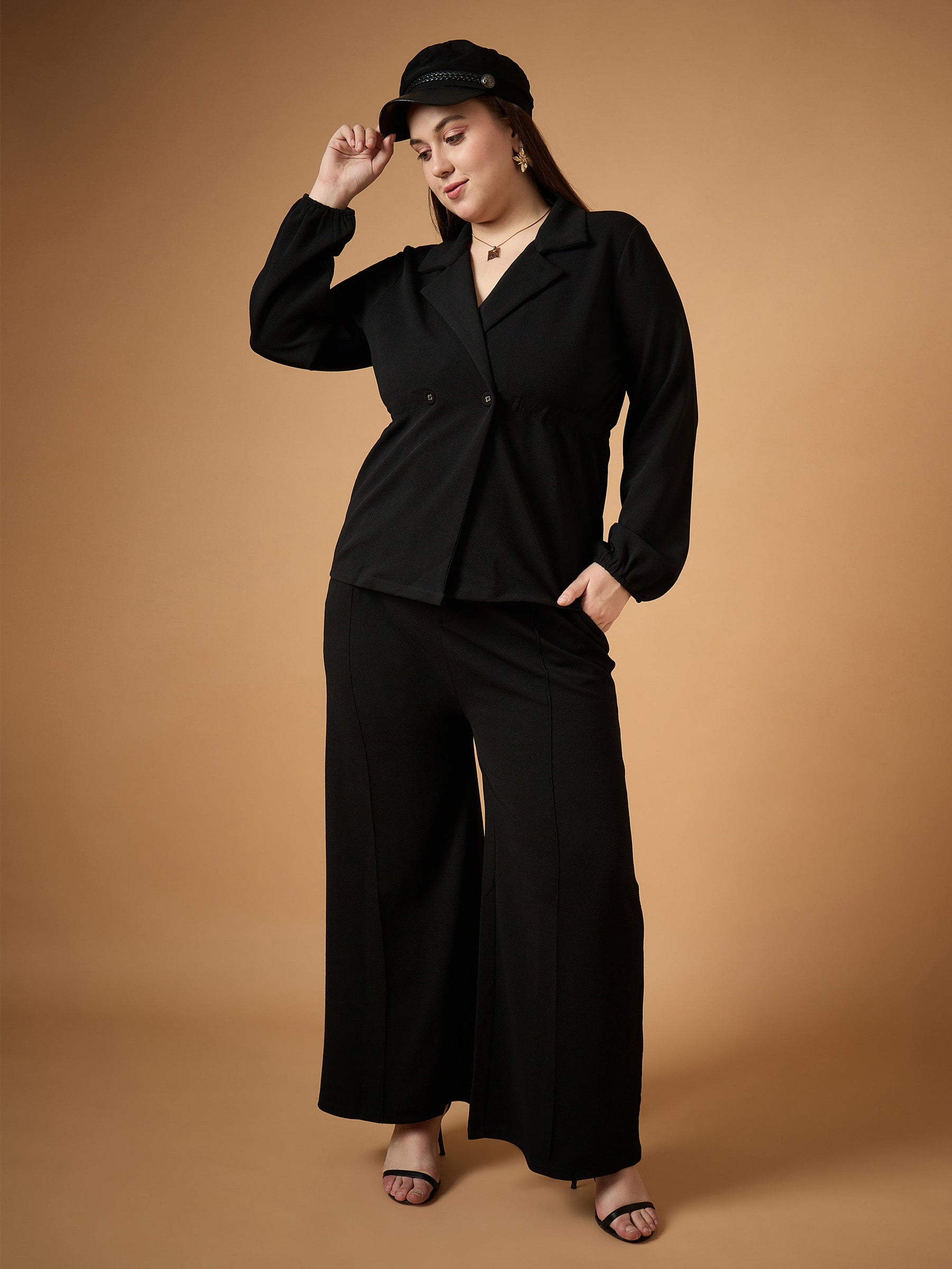 Black Collar Neck Top With Straight Pants-SASSAFRAS Curve