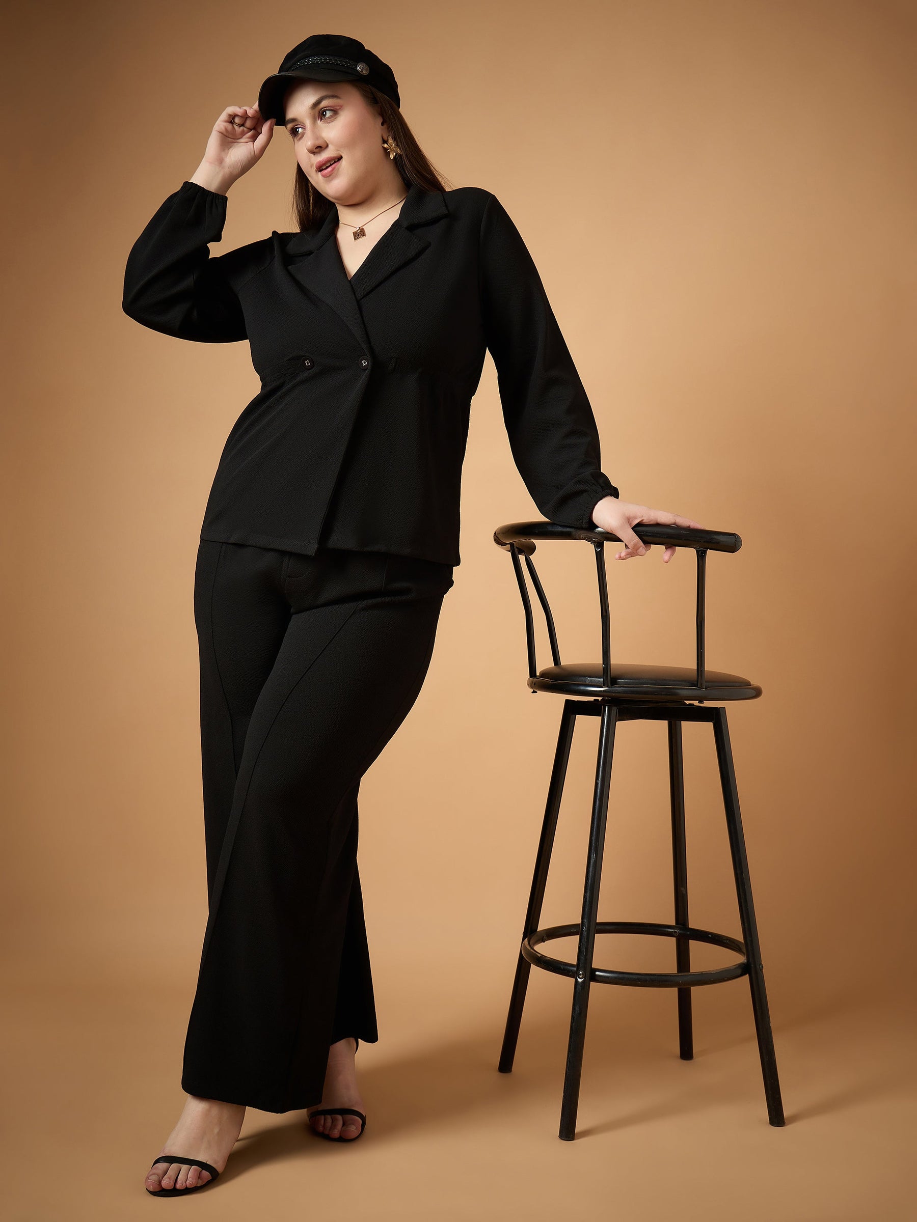 Black Collar Neck Top With Straight Pants-SASSAFRAS Curve