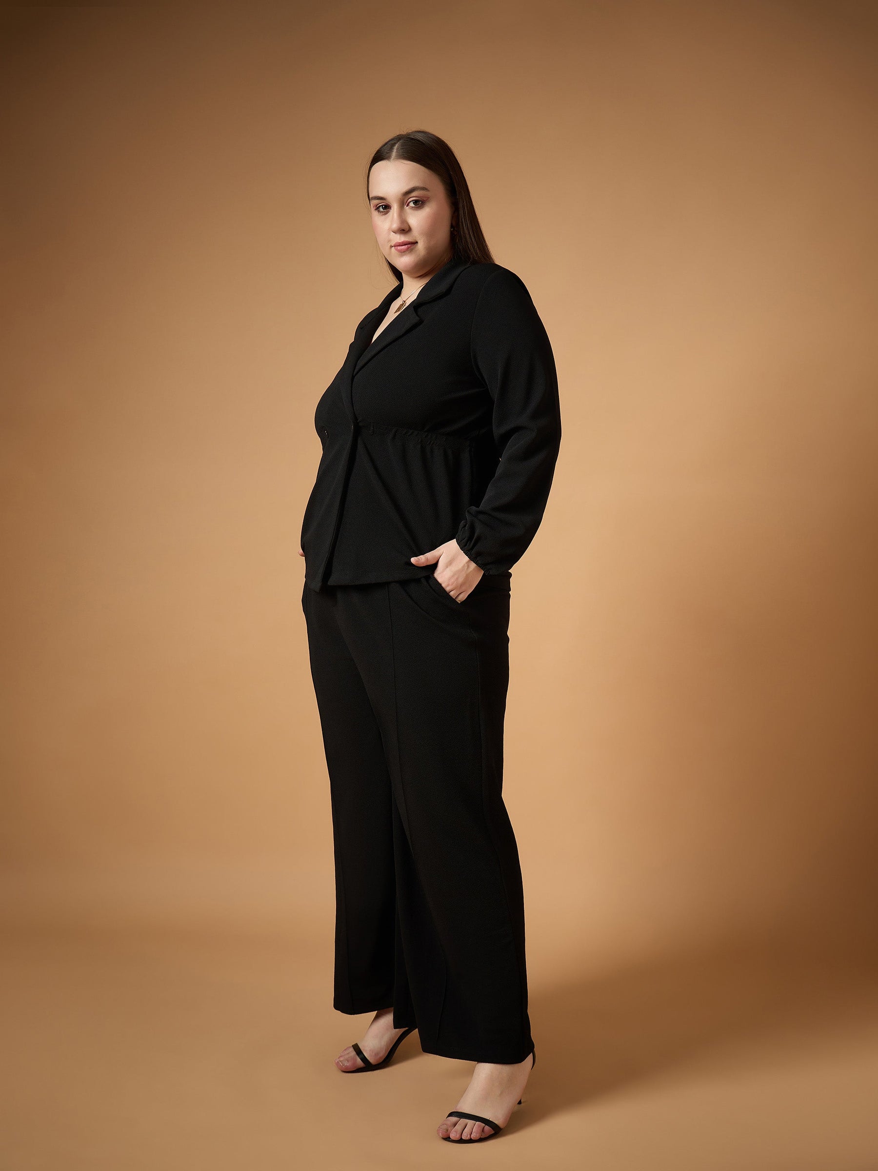 Black Collar Neck Top With Straight Pants-SASSAFRAS Curve