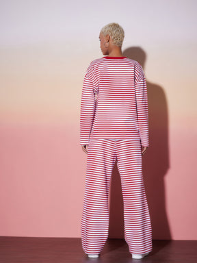 Women Red & White Stripe Top With Lounge Pants