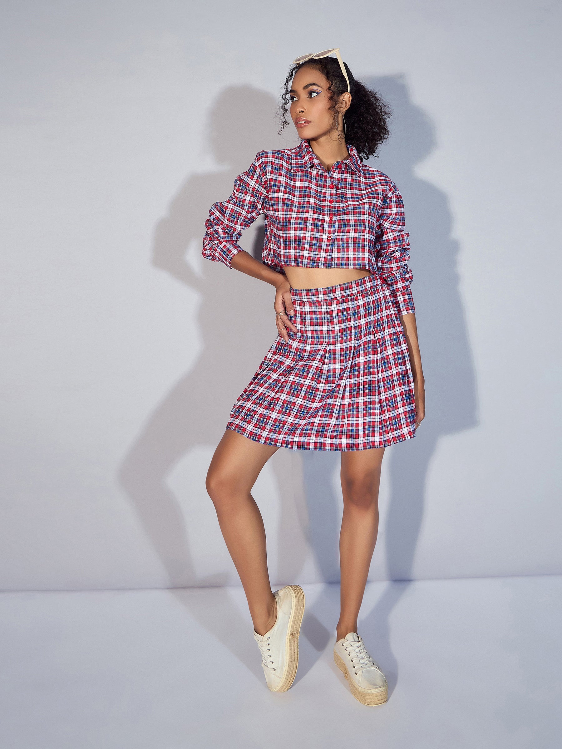 Women Red Yarndyed Check Crop Shirt With Mini Skirt