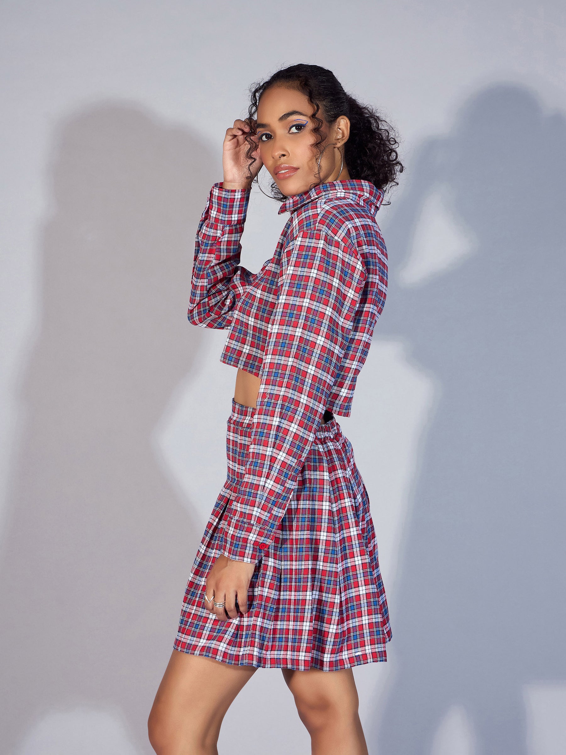 Women Red Yarndyed Check Crop Shirt With Mini Skirt