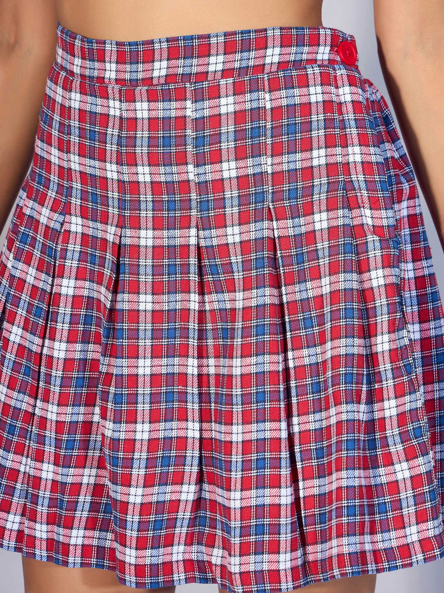 Women Red Yarndyed Check Crop Shirt With Mini Skirt