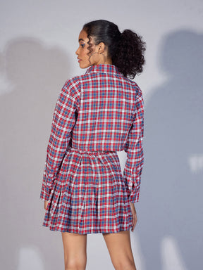 Women Red Yarndyed Check Crop Shirt With Mini Skirt