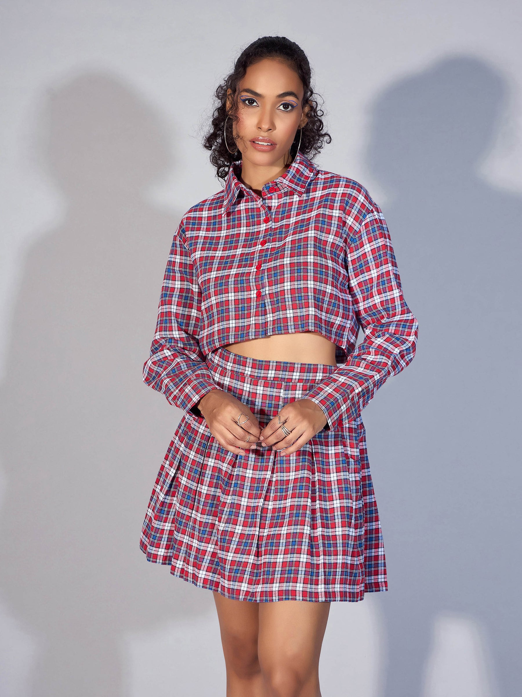 Women Red Yarndyed Check Crop Shirt With Mini Skirt