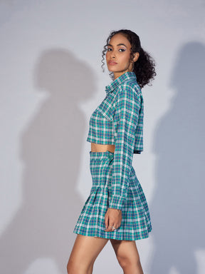 Women Green Yarndyed Check Crop Shirt With Mini Skirt