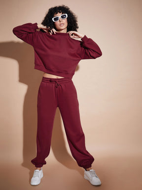 Women Maroon Premium Fleece Oversized Sweatshirt With Joggers