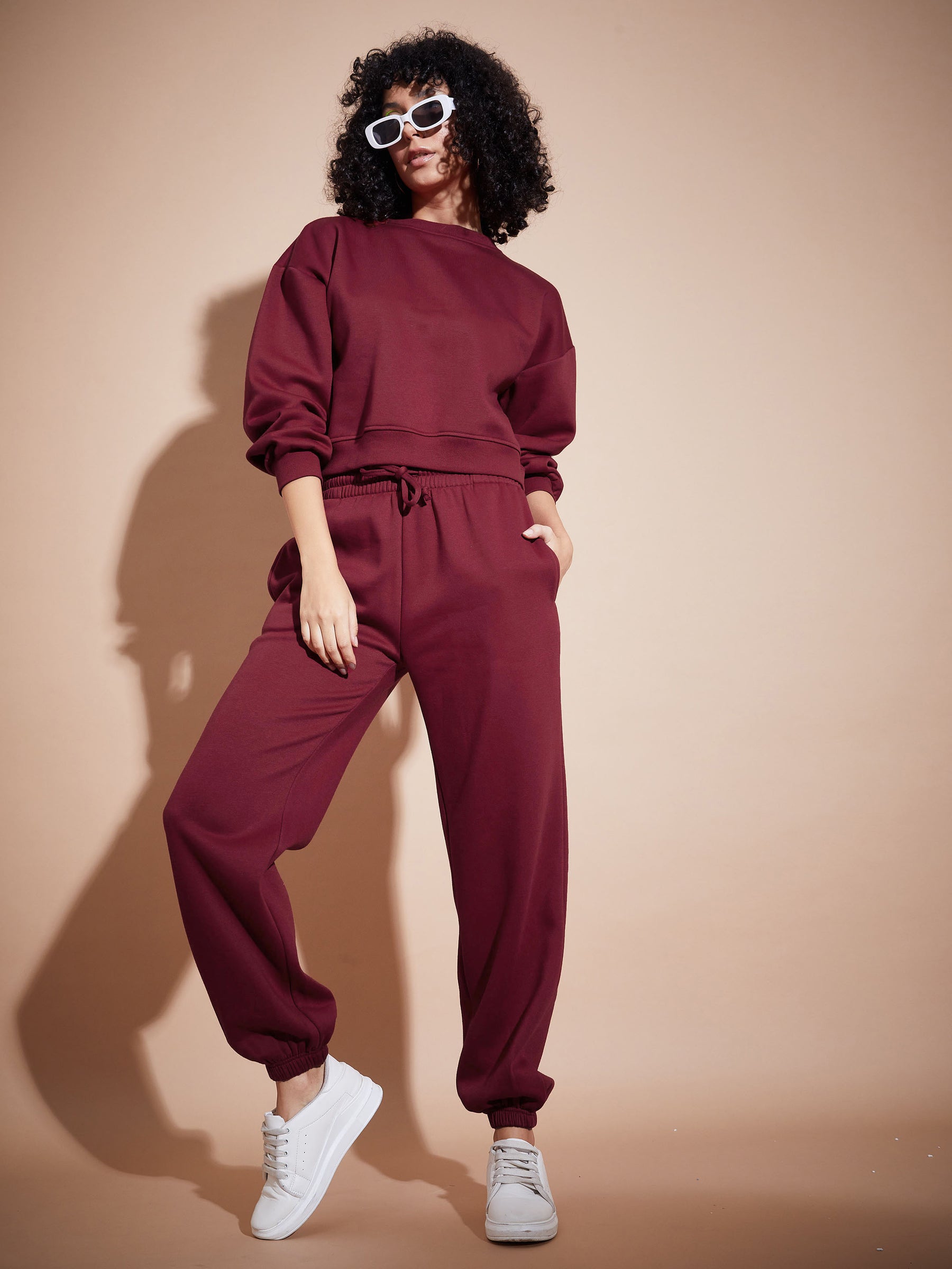 Women Maroon Premium Fleece Oversized Sweatshirt With Joggers