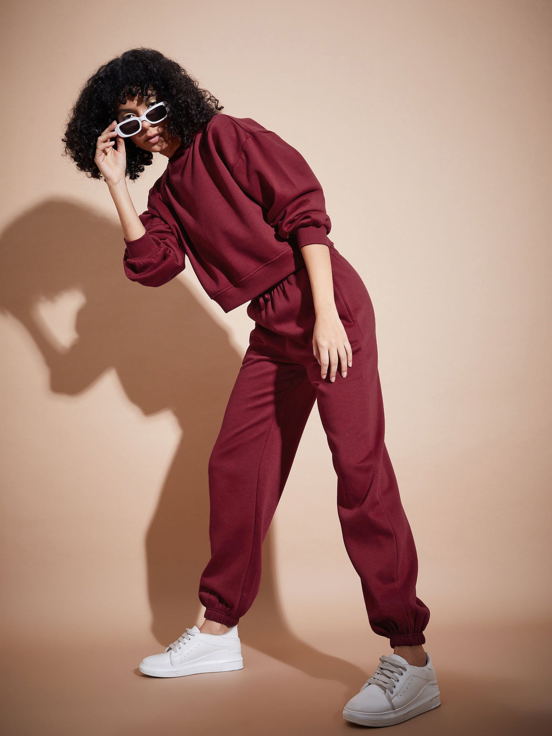 Women Maroon Premium Fleece Oversized Sweatshirt With Joggers