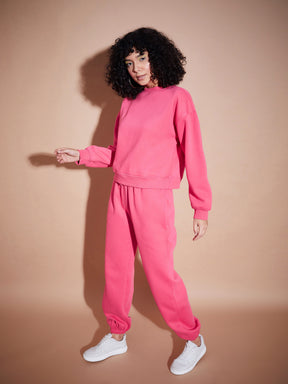 Women Pink Premium Fleece Oversized Sweatshirt With Joggers