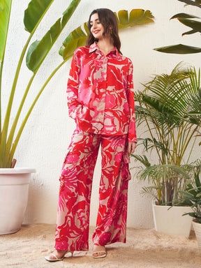 Red Floral Oversize Shirt With Box Pocket Pants-SASSAFRAS