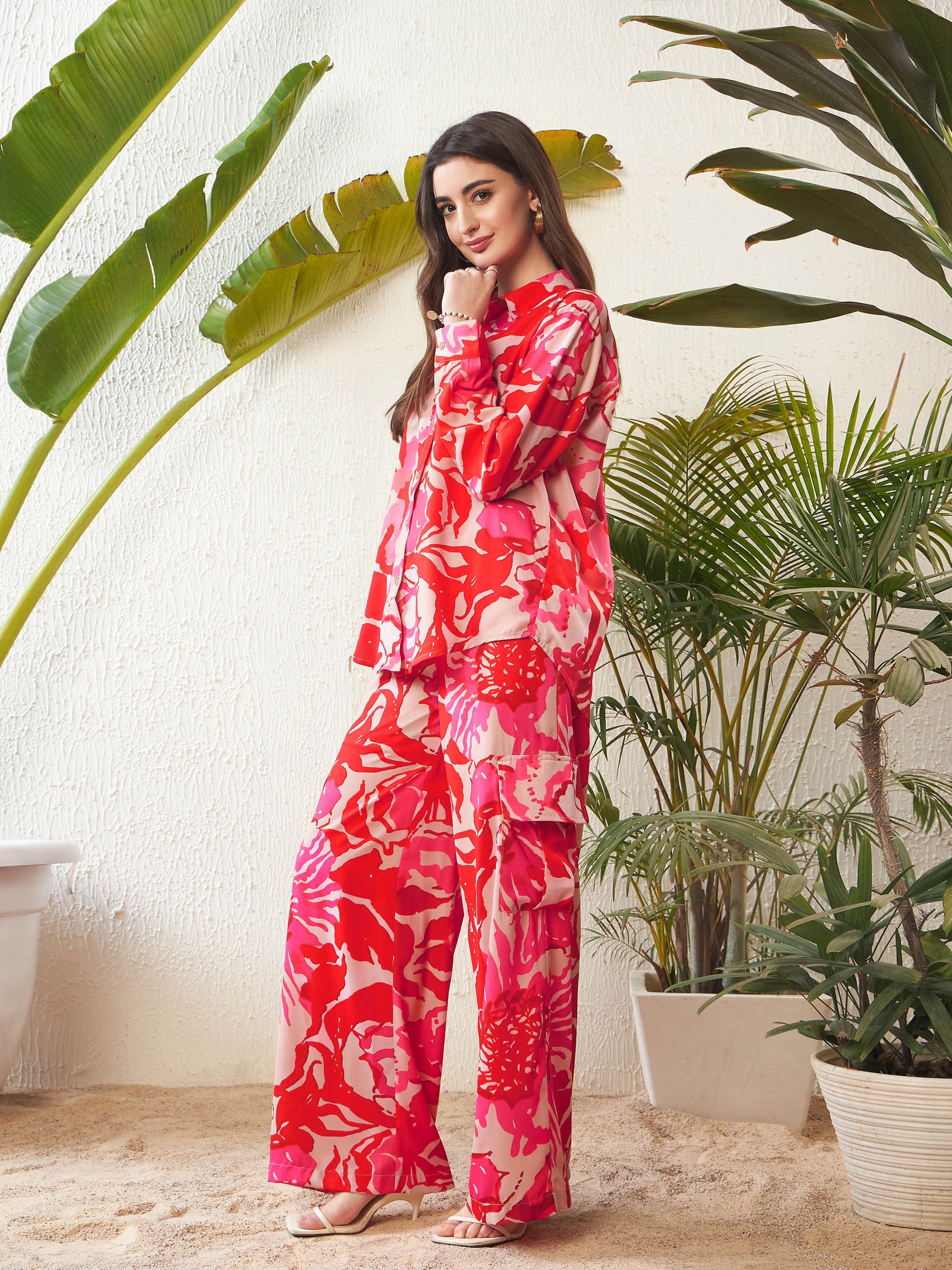 Red Floral Oversize Shirt With Box Pocket Pants-SASSAFRAS