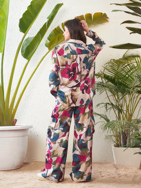 Beige Floral Oversize Shirt With Box Pocket Pants-SASSAFRAS