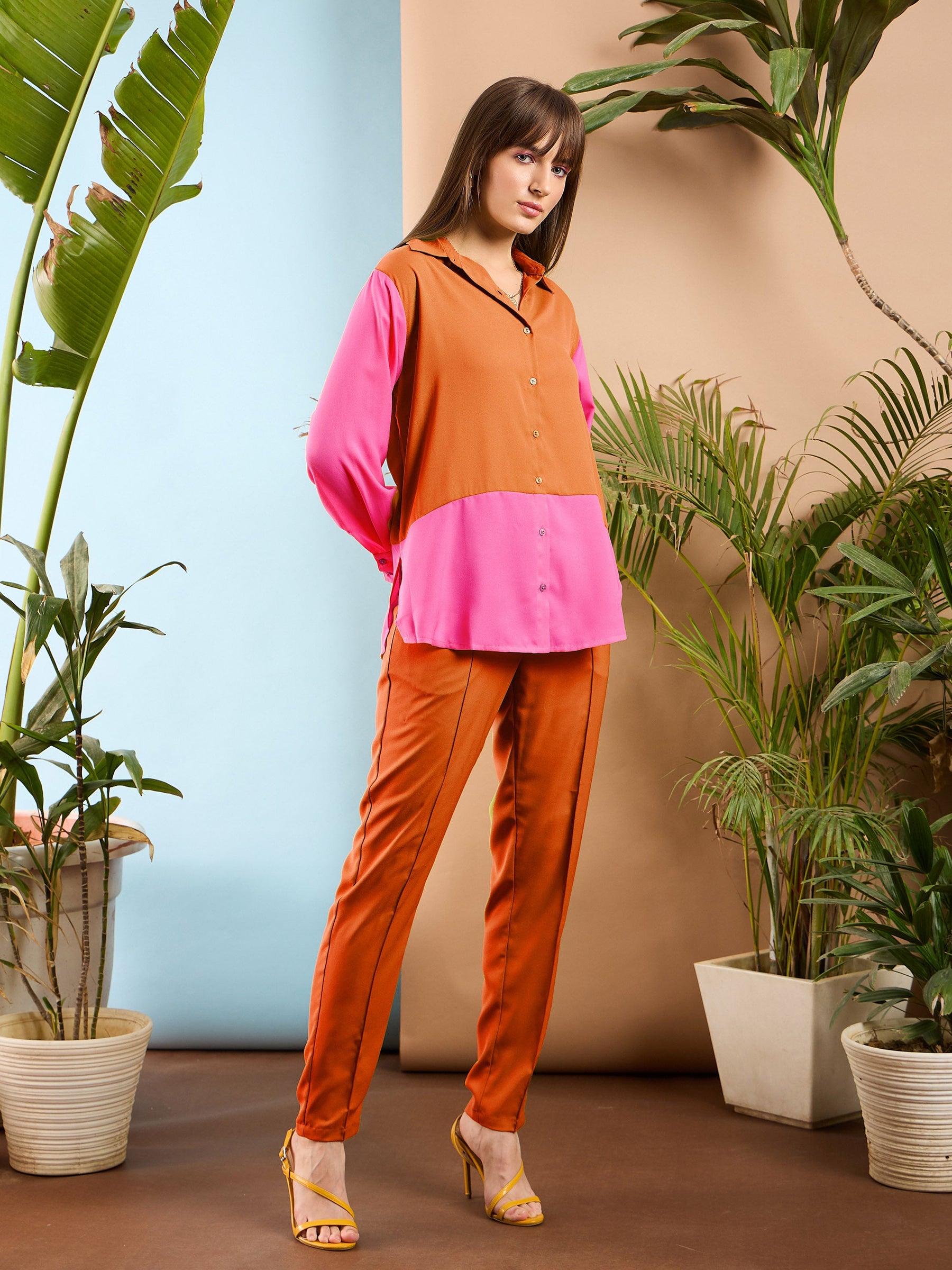 Orange & Pink ColorBlock Shirt With Darted Pants -SASSAFRAS