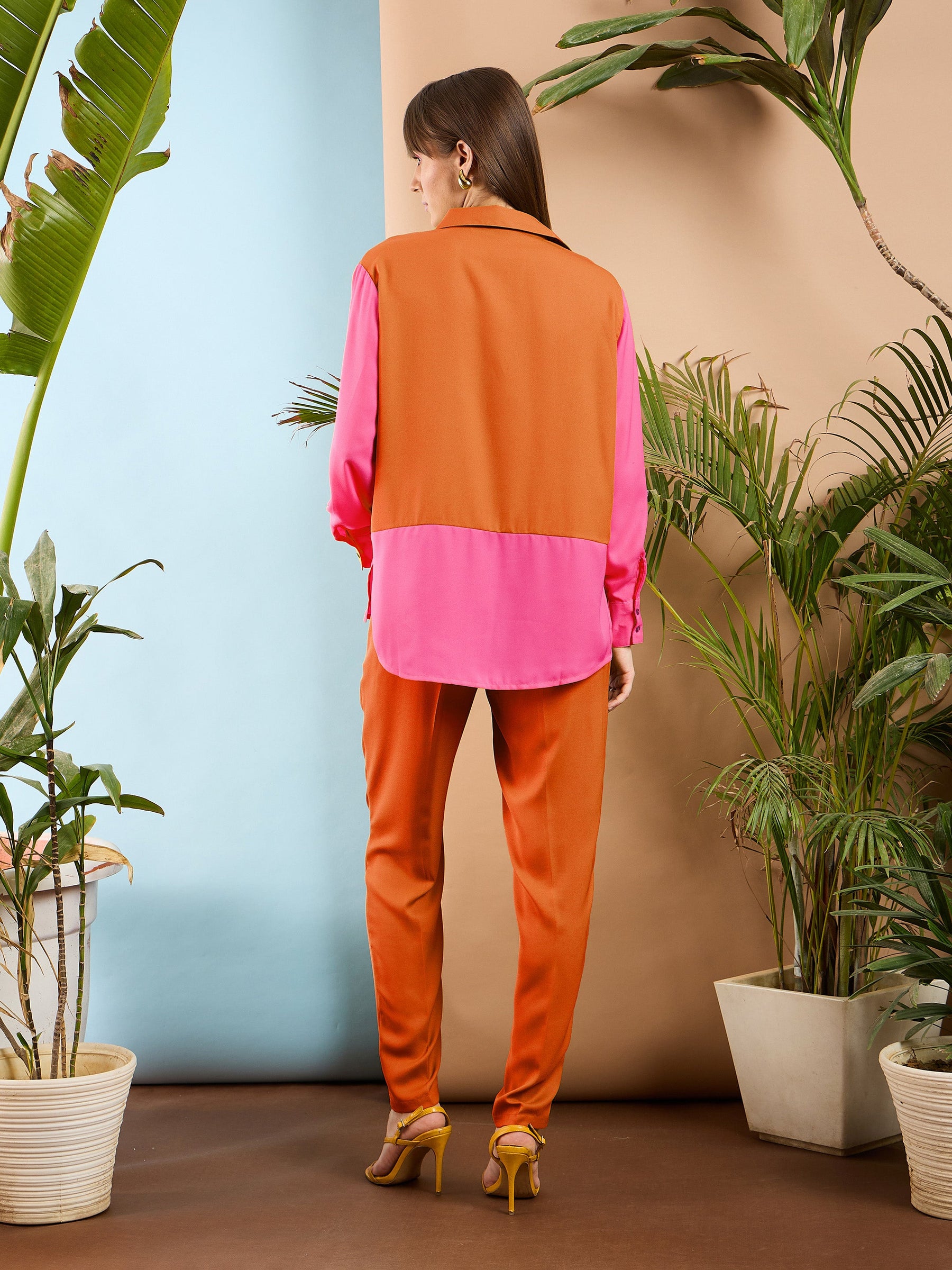 Orange & Pink ColorBlock Shirt With Darted Pants -SASSAFRAS