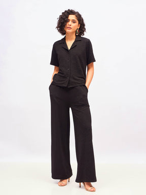 Black Knit Notch Collar Shirt With Darted Pants-SASSAFRAS