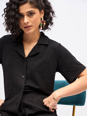 Black Knit Notch Collar Shirt With Darted Pants-SASSAFRAS