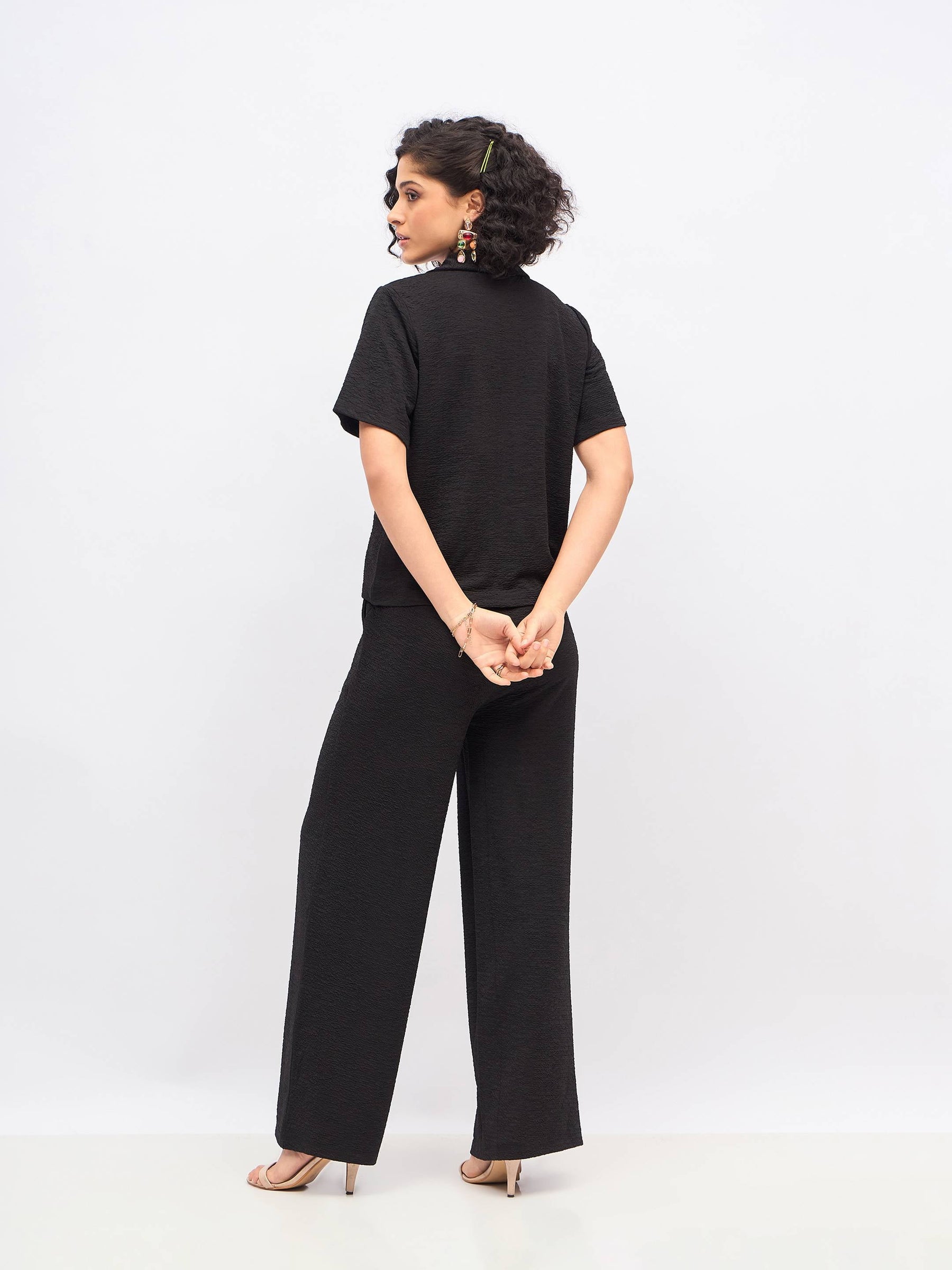 Black Knit Notch Collar Shirt With Darted Pants-SASSAFRAS