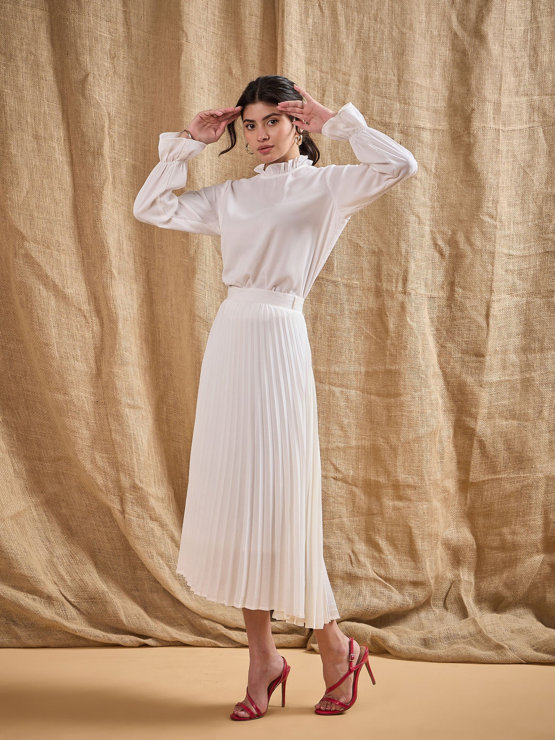 White Ruffled Neck Blouse With Pleated Skirt-SASSAFRAS