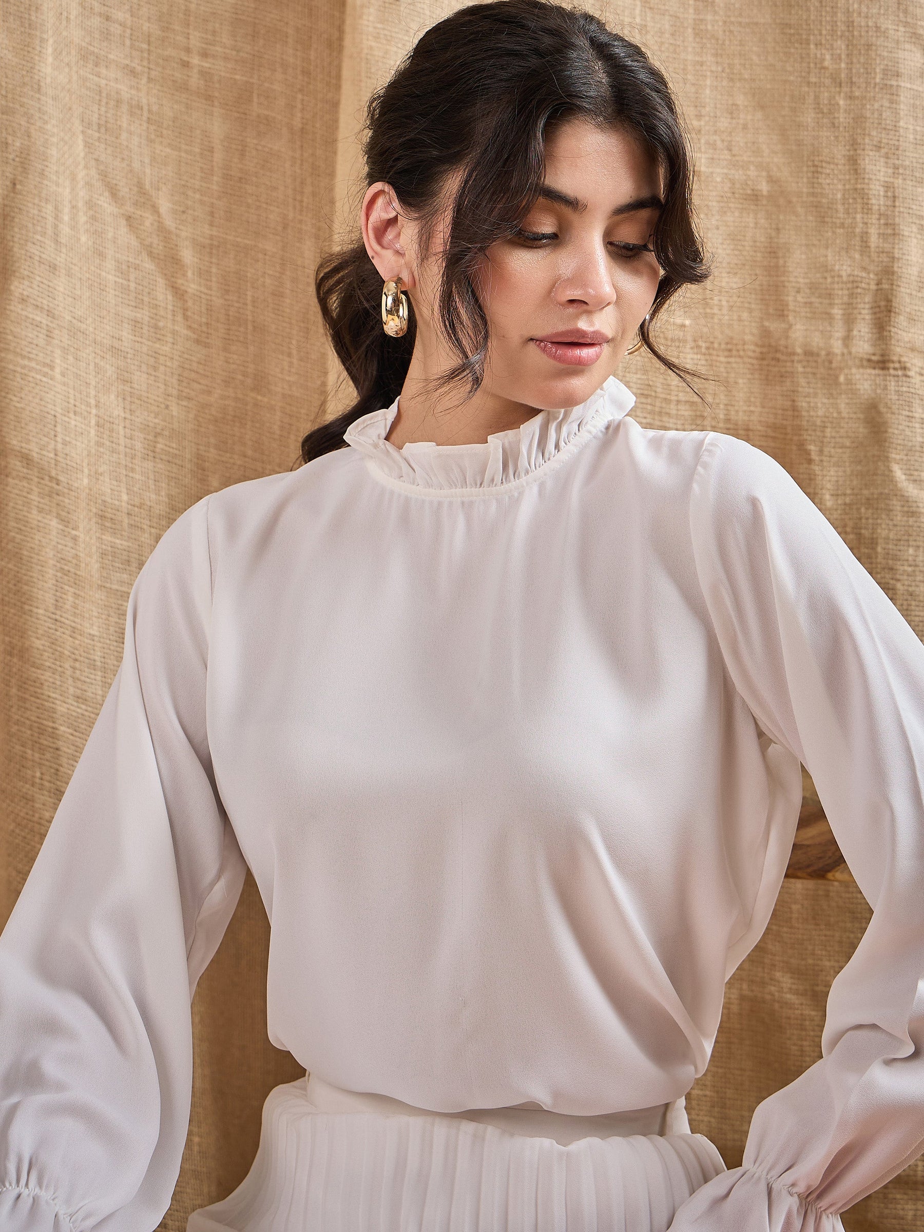 White Ruffled Neck Blouse With Pleated Skirt-SASSAFRAS