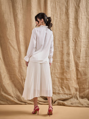 White Ruffled Neck Blouse With Pleated Skirt-SASSAFRAS