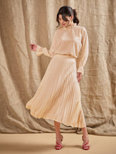 Beige Ruffled Neck Blouse With Pleated Skirt-SASSAFRAS