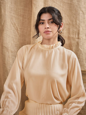 Beige Ruffled Neck Blouse With Pleated Skirt-SASSAFRAS