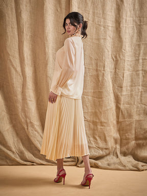 Beige Ruffled Neck Blouse With Pleated Skirt-SASSAFRAS