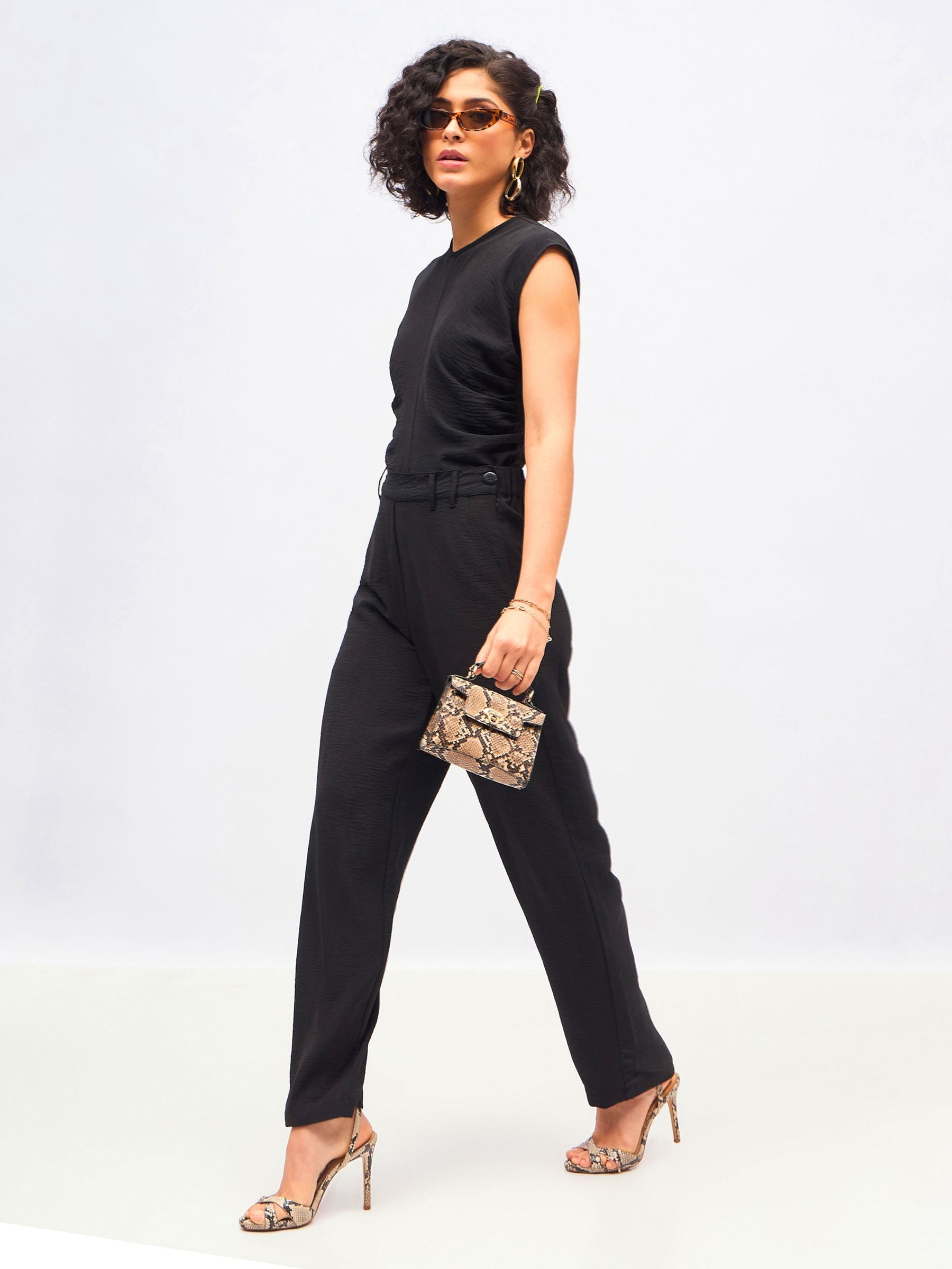 Black Pleated Sleeveless Top With Pants-SASSAFRAS