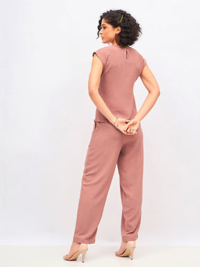 Brown Pleated Sleeveless Top With Pants-SASSAFRAS