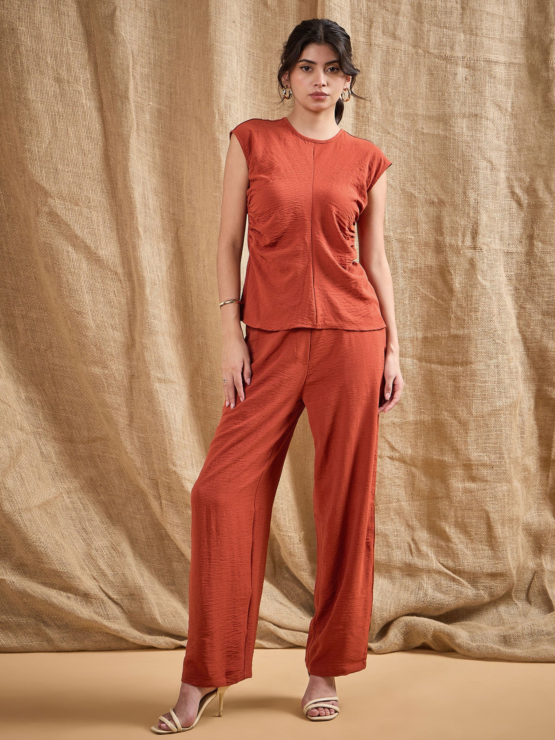 Rust Pleated Sleeveless Top With Pants-SASSAFRAS