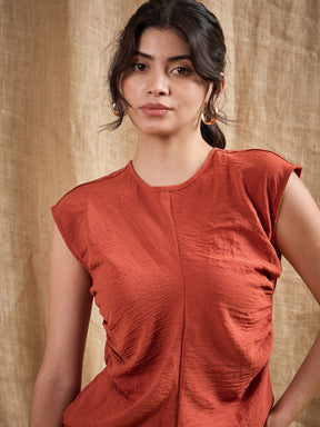 Rust Pleated Sleeveless Top With Pants-SASSAFRAS