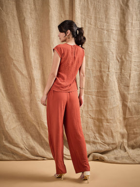 Rust Pleated Sleeveless Top With Pants-SASSAFRAS