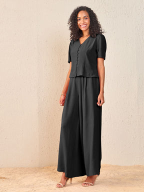 Black Front Button Top With Paperback Waist Pants-SASSAFRAS