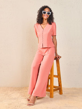 Dull Pink Front Button Top With Paperback Waist Pants-SASSAFRAS