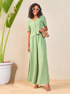 Green Front Button Top With Paperback Waist Pants-SASSAFRAS