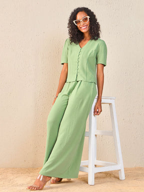 Green Front Button Top With Paperback Waist Pants-SASSAFRAS