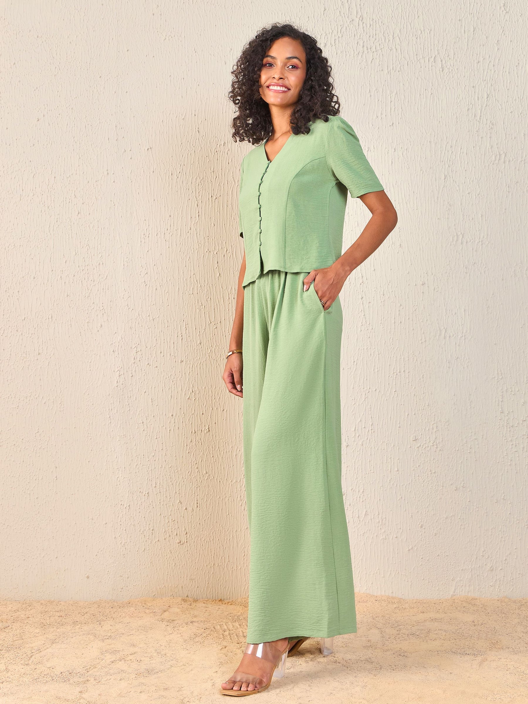 Green Front Button Top With Paperback Waist Pants-SASSAFRAS